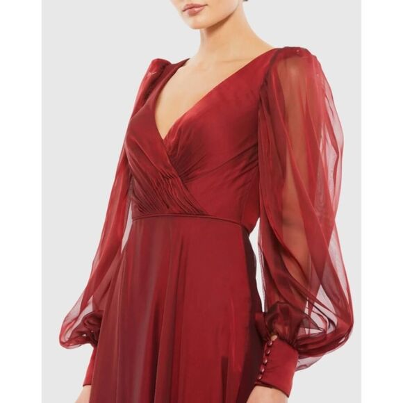 Mac Duggal Red Sheer Blouson Sleeve Surplice Gown 67873 - Size 18 - NWT - Picture 3 of 7